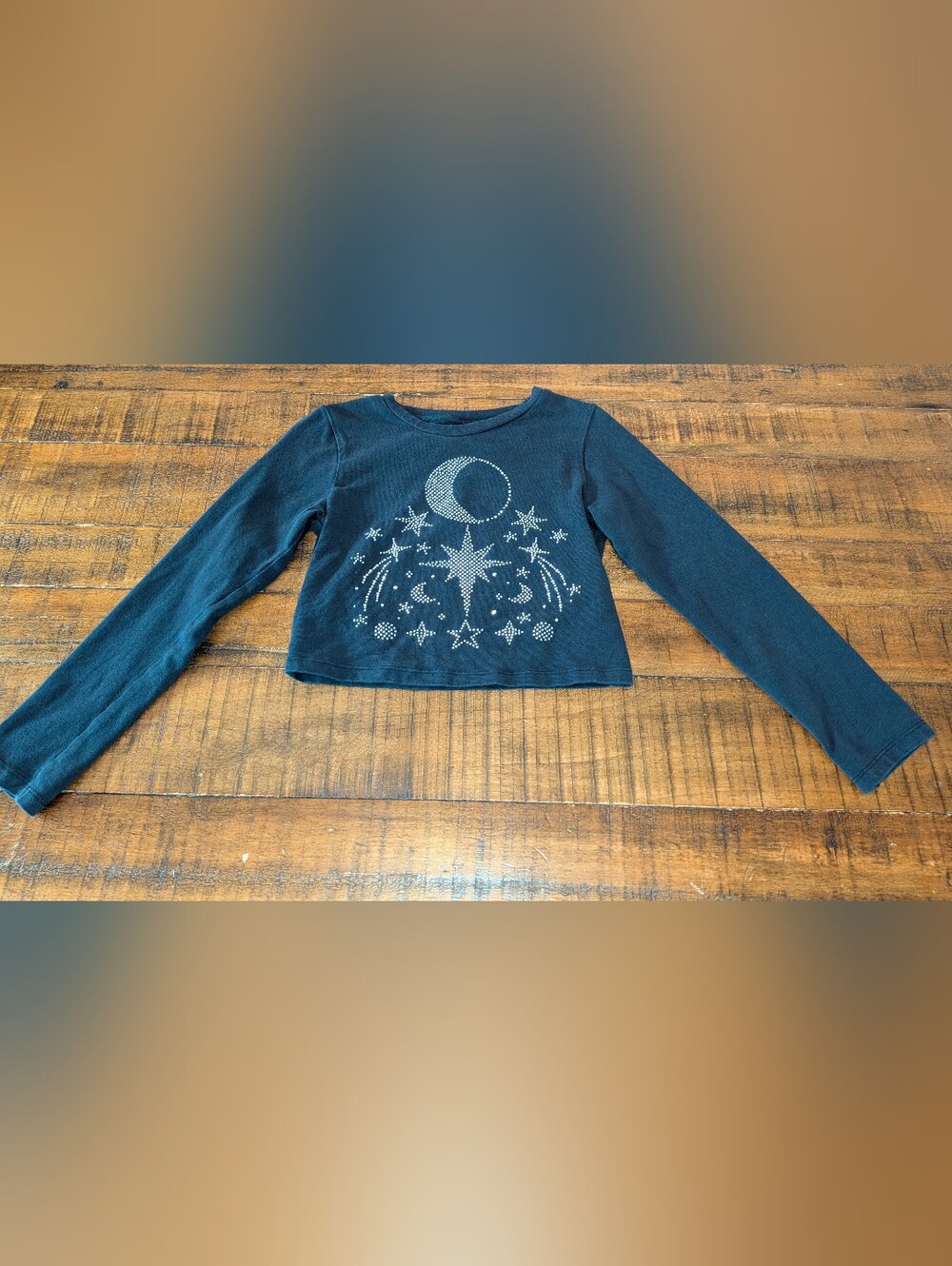 Next Girls' Black Long-Sleeve Star & Moon Long Sleeve Crop Top, Size 7, VGC